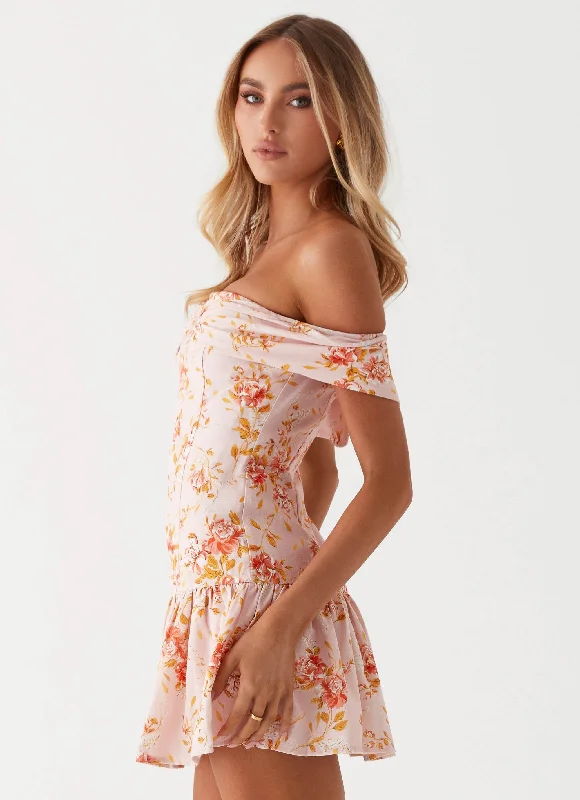 Aries Off Shoulder Linen Mini Dress - Pink Floral