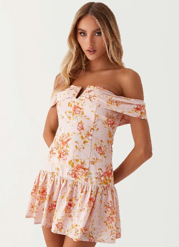 Aries Off Shoulder Linen Mini Dress - Pink Floral