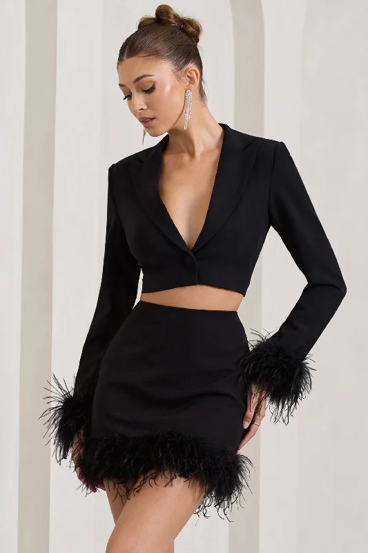 Tempting | Black Cropped Blazer With Feather Trim