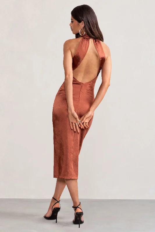 Dazzling | Rust Satin Cross Over Halter Neck Midi Dress