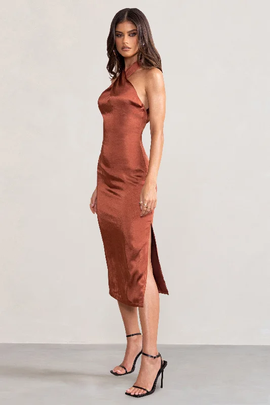 Dazzling | Rust Satin Cross Over Halter Neck Midi Dress