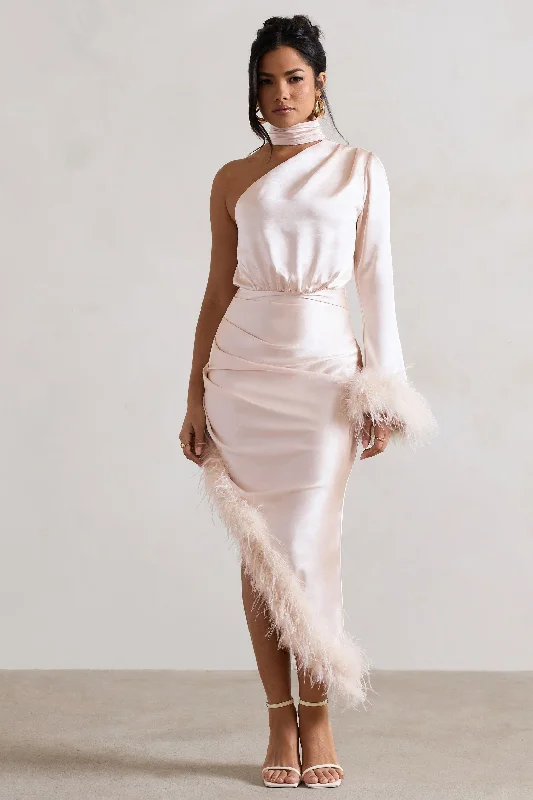 Dolce | Champagne Satin Asymmetric One Sleeve Maxi Dress With Feather Trims