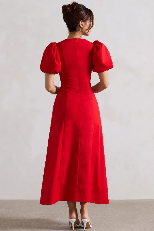 Hacienda | Red Poplin Puff-Sleeve Maxi Dress