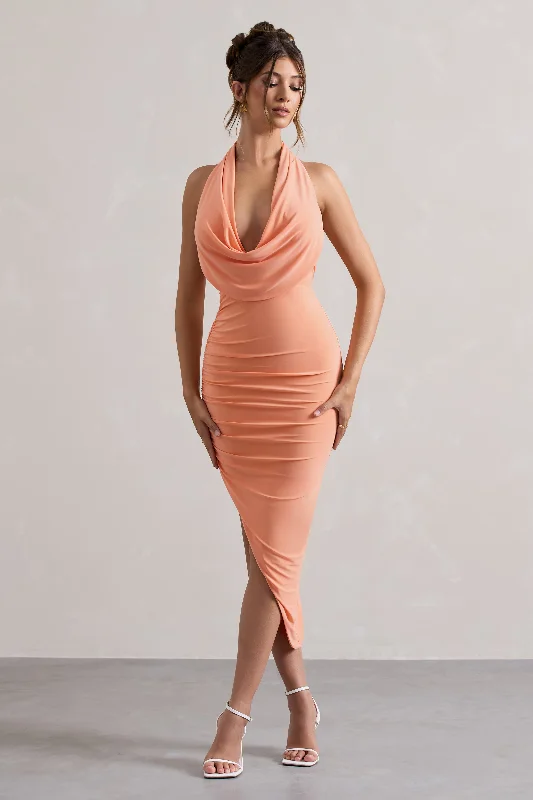 Hayley | Peach Cowl-Neck Asymmetric Maxi Dress