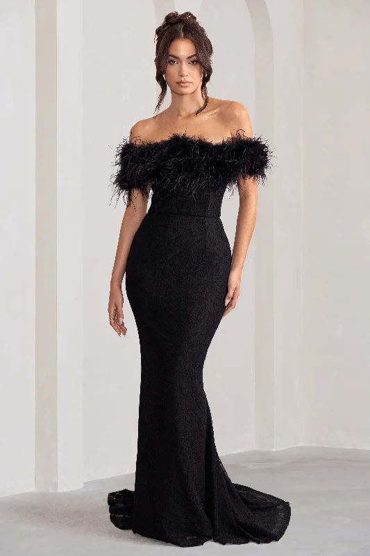 Idyll | Black Lace Bardot Feather Fishtail Maxi Dress