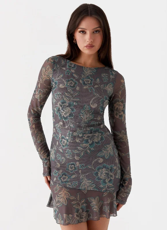 Ines Long Sleeve Mini Dress - Brown Floral