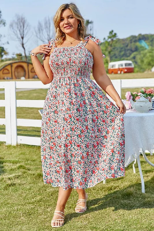 Women Plus Size Midi Dress Tie-Shoulder Square Neck A-Line Dress