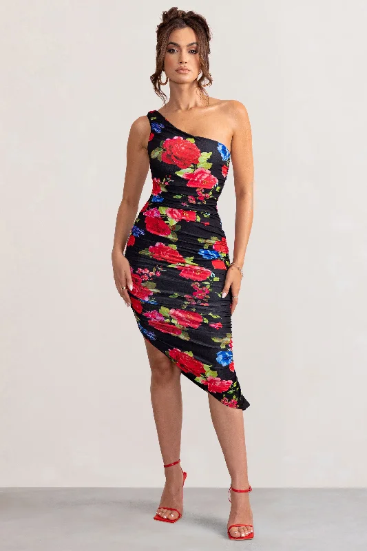 Late Night | Black Floral Print Asymmetric One Shoulder Ruched Midi Dress