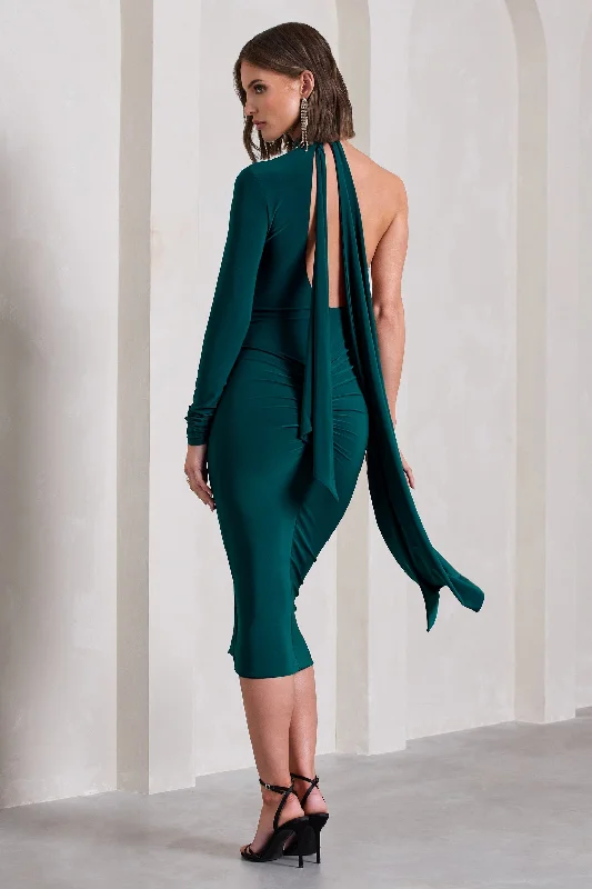 Liz | Bottle Green Halter-Neck One Sleeve Open-Back Midi Dress With Sash