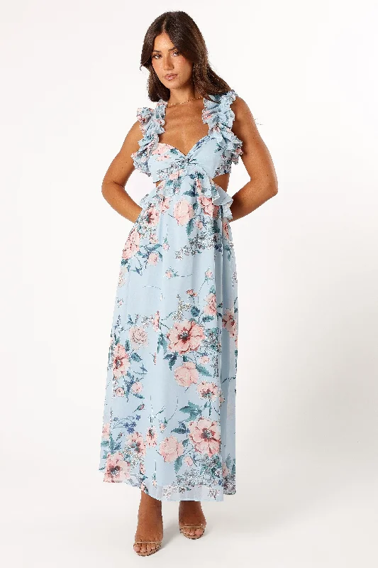 Lucah Frill Shoulder Maxi Dress - Blue Floral