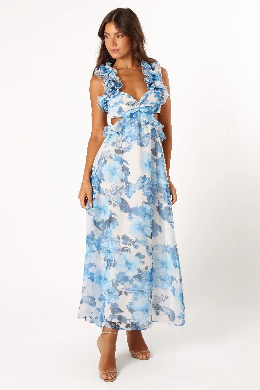 Lucah Frill Shoulder Maxi Dress - Blue White Floral