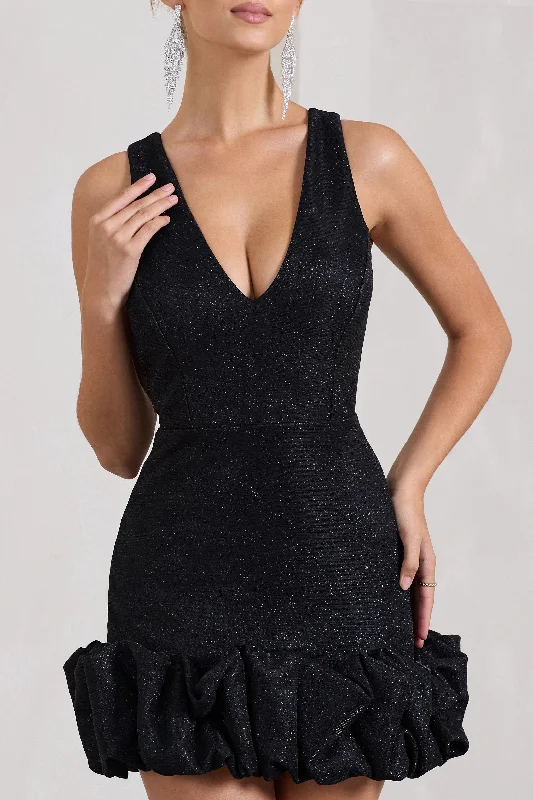 Main Present | Black Glittered V-Neck Mini Dress With Ruffle Trim