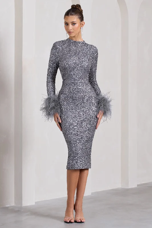 Marilyn | Silver Sequin Long-Sleeved Midi Dress With Feather Cuffs