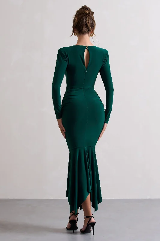 Milena | Bottle Green Plunge-Neck Maxi Dress With Draped Hem