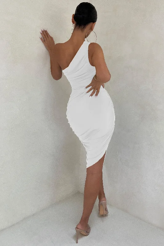 Late Night | Off White Asymmetrical One Shoulder Ruched Midi Dress