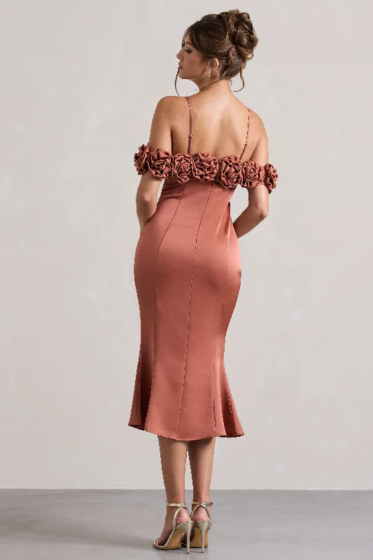 Petunia | Rust Satin Floral Bardot Midi Dress