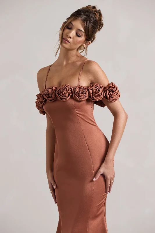 Petunia | Rust Satin Floral Bardot Midi Dress