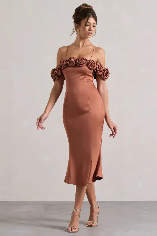 Petunia | Rust Satin Floral Bardot Midi Dress