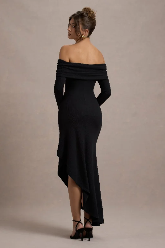 Romina | Black Rib Knit Bardot Maxi Dress With Asymmetric Hem