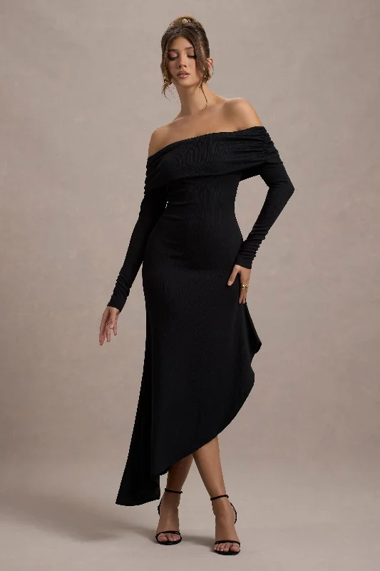 Romina | Black Rib Knit Bardot Maxi Dress With Asymmetric Hem