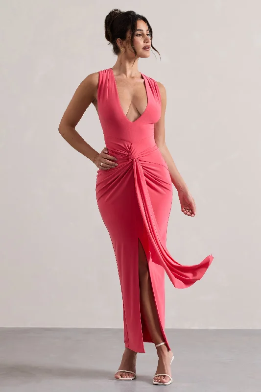 Santana | Coral Plunge-Neck Split Maxi Dress With Knot Detail