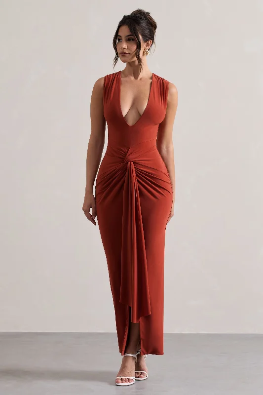 Santana | Terracotta Plunge-Neck Split Maxi Dress With Knot Detail