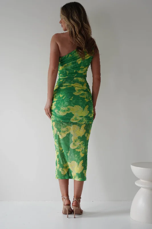 Selby Runched Midaxi Dress | Green Print