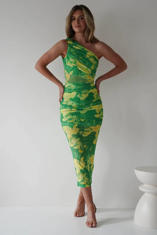 Selby Runched Midaxi Dress | Green Print