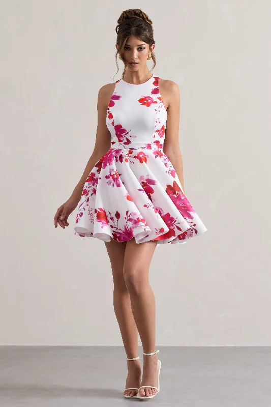 Waverly | Pink Floral Racer-Neck Sleeveless Skater Mini Dress