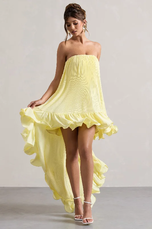 Whistler | Lemon Chiffon Bandeau High-Low Ruffled Maxi Dress